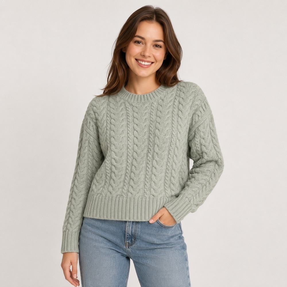 Joie‎ Sage Green Cable Knit Crewneck Sweater Women Small Chunky Cozy all
